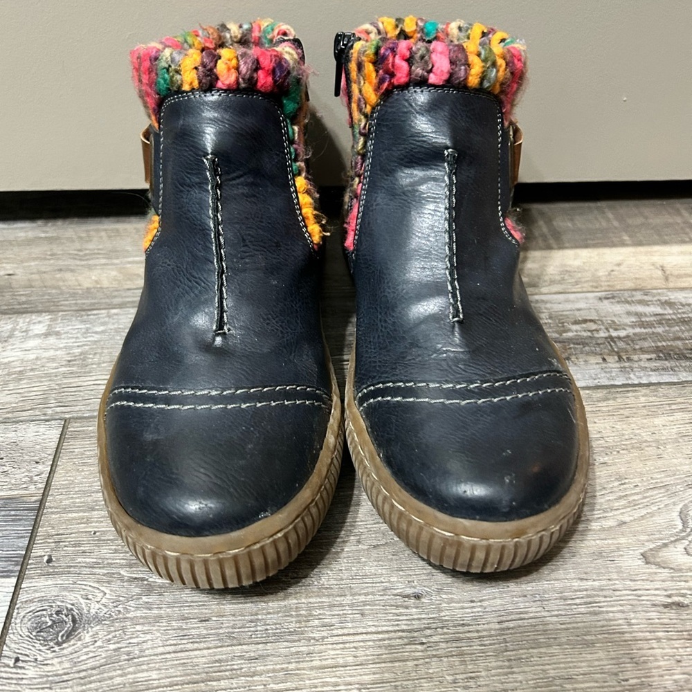 Rieker Navy Blue side zipper Ankle Boots with Colorful Knit Trim - Picture 5 of 11